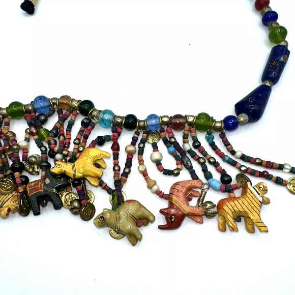 Africa Glass Bead Carved Animal Dangle Fringe Multicolor Statement Necklace/Belt - Picture 5 of 11